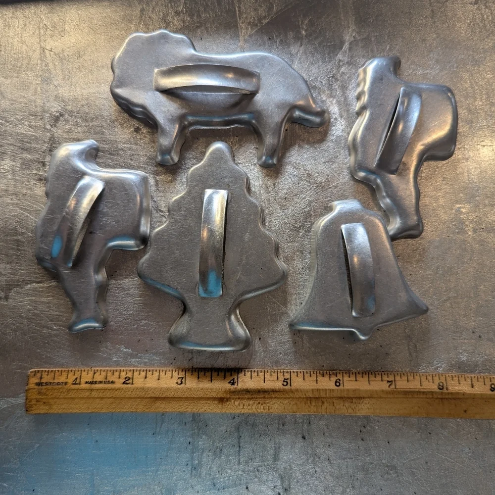 Vintage 1950's Aluminum Cookie Cutters Set 2 Santas,Bell, Lion Christmas Tree
